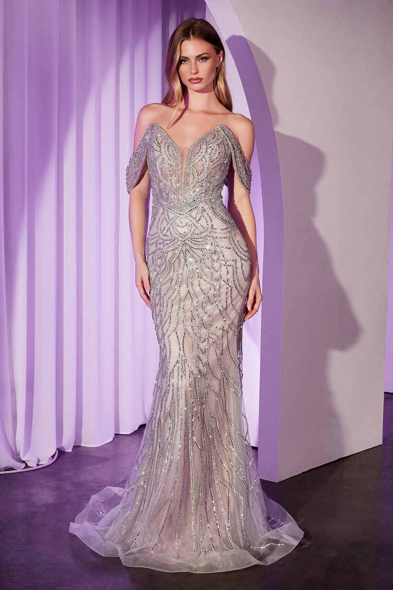 Off The Shoulder Crystal Embellished Gown-3