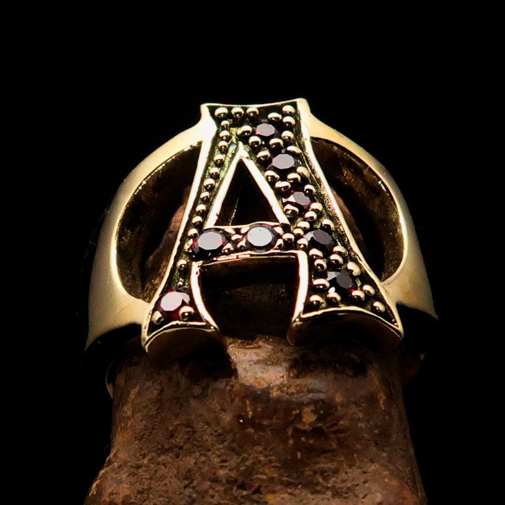 Excellent crafted Initial Ring Bold Letter A - 8 red CZ - solid Brass-1