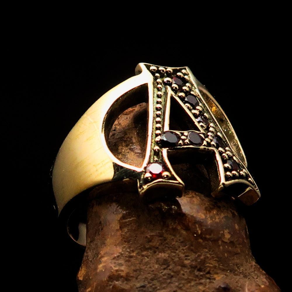 Excellent crafted Initial Ring Bold Letter A - 8 red CZ - solid Brass-2