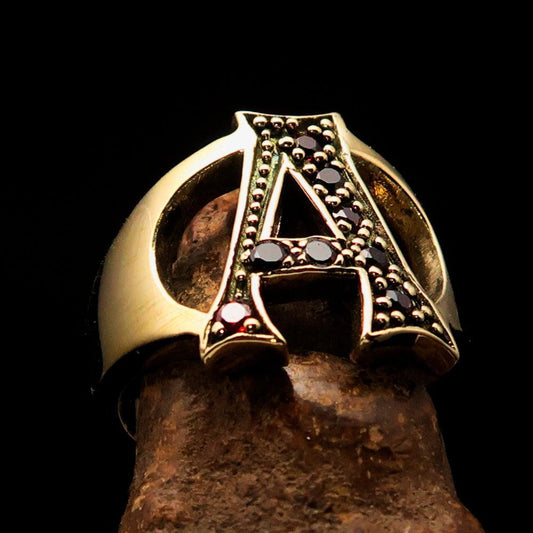 Excellent crafted Initial Ring Bold Letter A - 8 red CZ - solid Brass-0